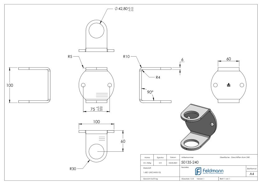 Wandbefestigung für Geländerpfosten 42,4mm, V2A