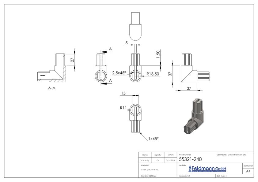 Eckverbinder für rundes Klemmprofil27x1,5 mm, V2A