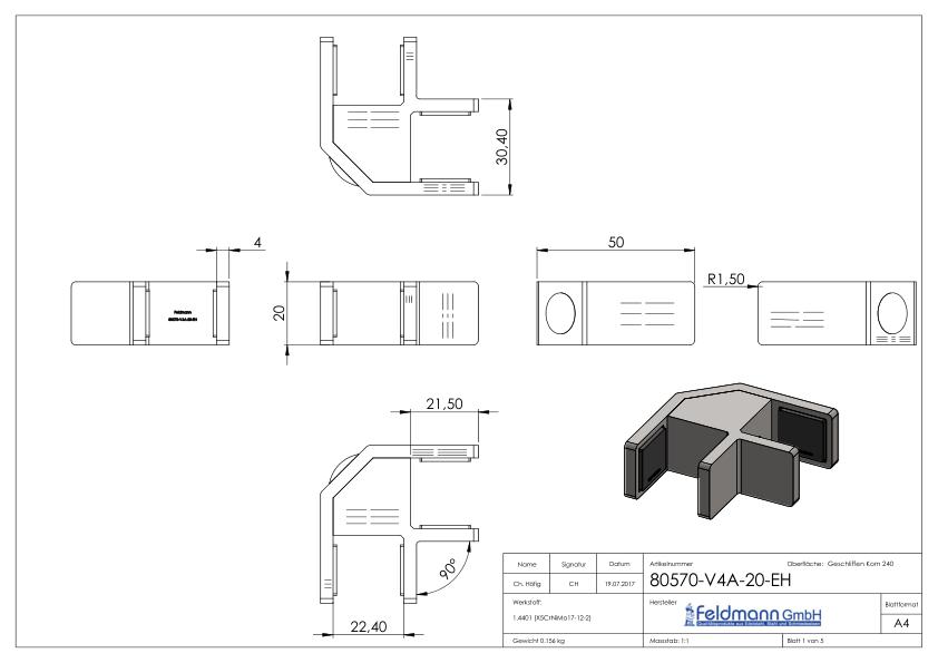 90° Glasausrichter für Ganzglasgeländer, für Glas 20,76 - 21,52mm