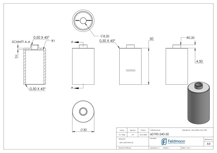 Unterteil Ø 30mm, mit Durchgangsbohrung , t: 50mm, V2A