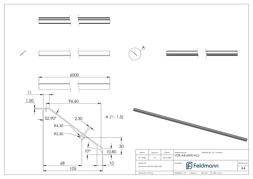 Design-Abdeckung für eleganza canopy, L: 6000mm, Aluminium E4/EV1 Design-Abdeckung für eleganza canopy, L: 6000mm, Aluminium E4/EV1