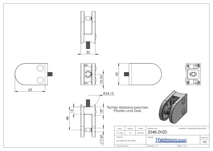 Glasklemme Mod. 33, Anschluss: 48,3mm, VA-Effekt