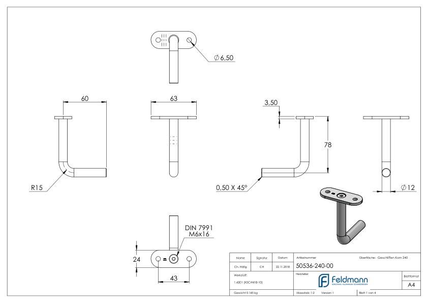 Bügel Ø 12mm mit gerader Handlaufanschlussplatte, V2A