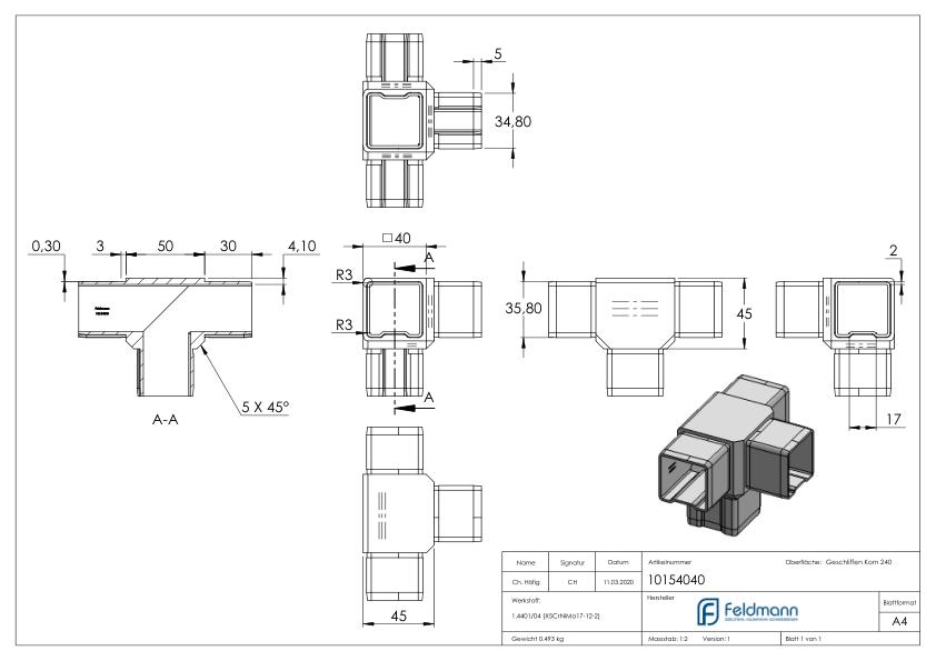 Verbinder für Rohr  40x40x2,00mm, V4A