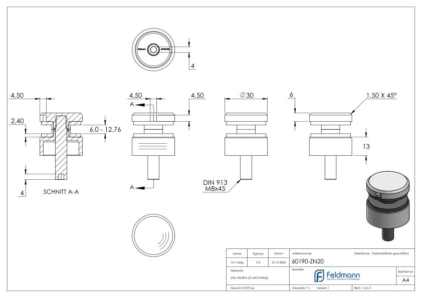Glaspunkthalter 30mm, Anschluss: flach, VA-Effekt Glaspunkthalter 30mm, Anschluss: flach, VA-Effekt