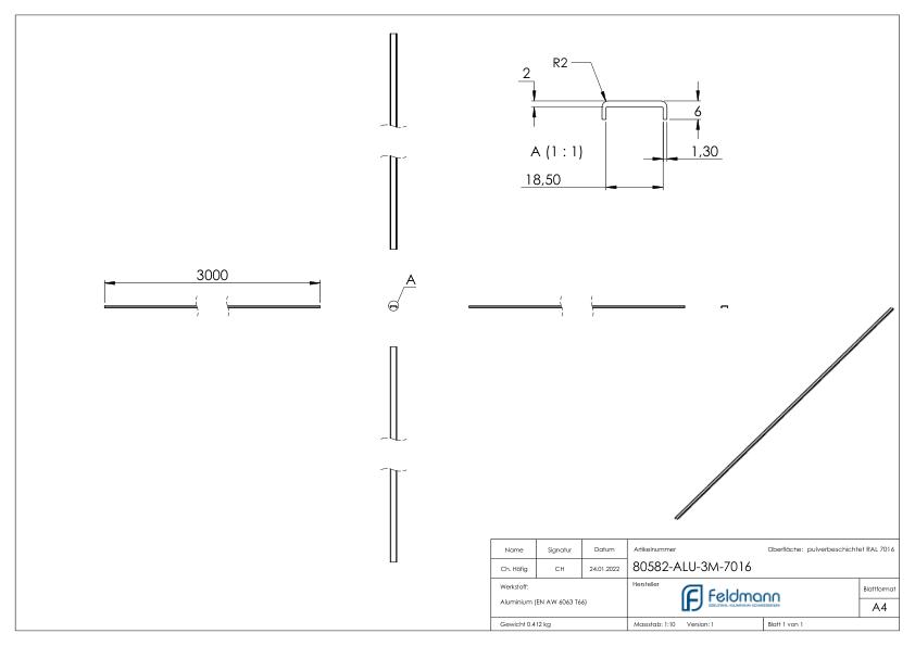 Kantenschutz EXTRA SLIM, für Glas 16,00 - 17,52mm, L: 3000mm, Aluminium RAL 7016