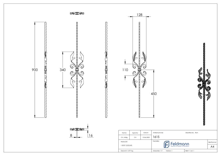Zierstab 16x8mm, gehämmert, H: 900mm