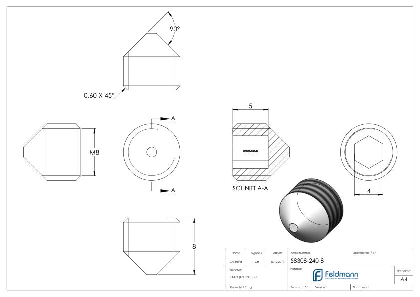 Gewindestift M8x8, V2A, DIN 914 / ISO 4027 Gewindestift M8x8, V2A, DIN 914 / ISO 4027