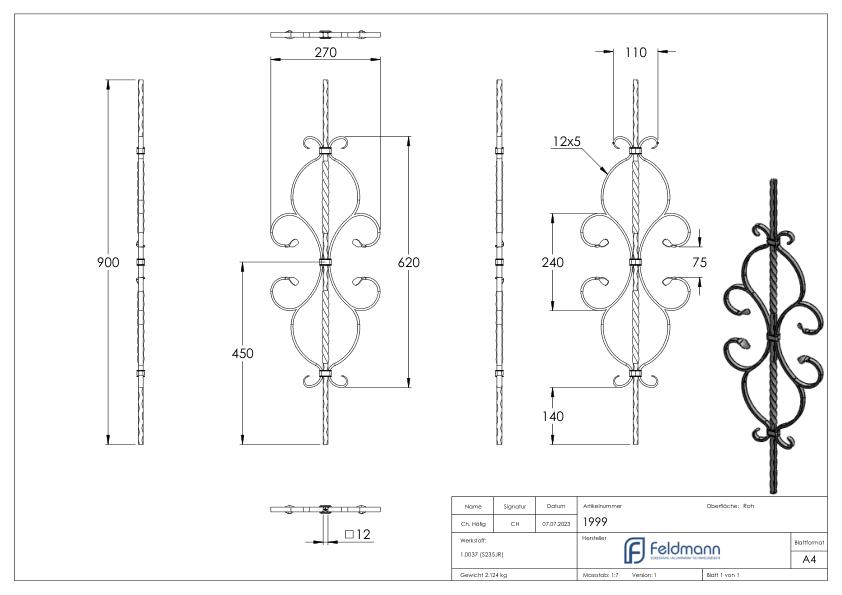 Zierstab 12x12mm, gehämmert, Barock, H: 900mm
