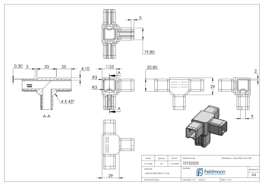 Verbinder für Rohr 25x25x2,00mm, V4A