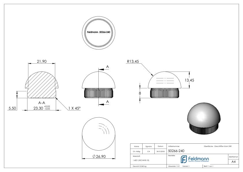 Rohrabschlussstopfen, für Rohr 26,9x2,0mm, V2A