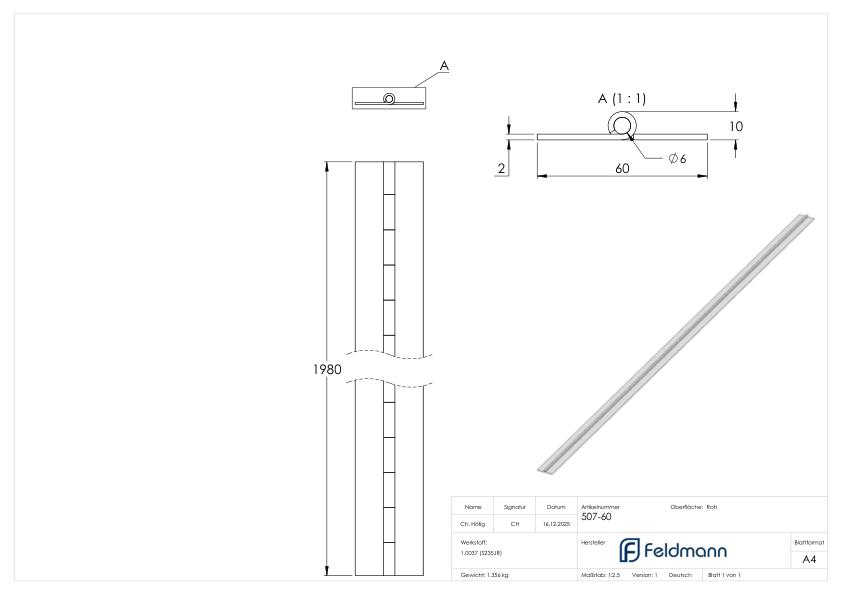 Langes Scharnier zum Anschweißen, 60 x 2,0 x 1980mm, roh