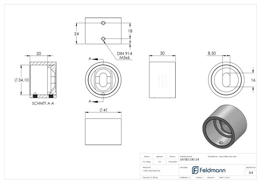 Wandbefestigung für Rohr 33,7mm, V2A Wandbefestigung für Rohr 33,7mm, V2A