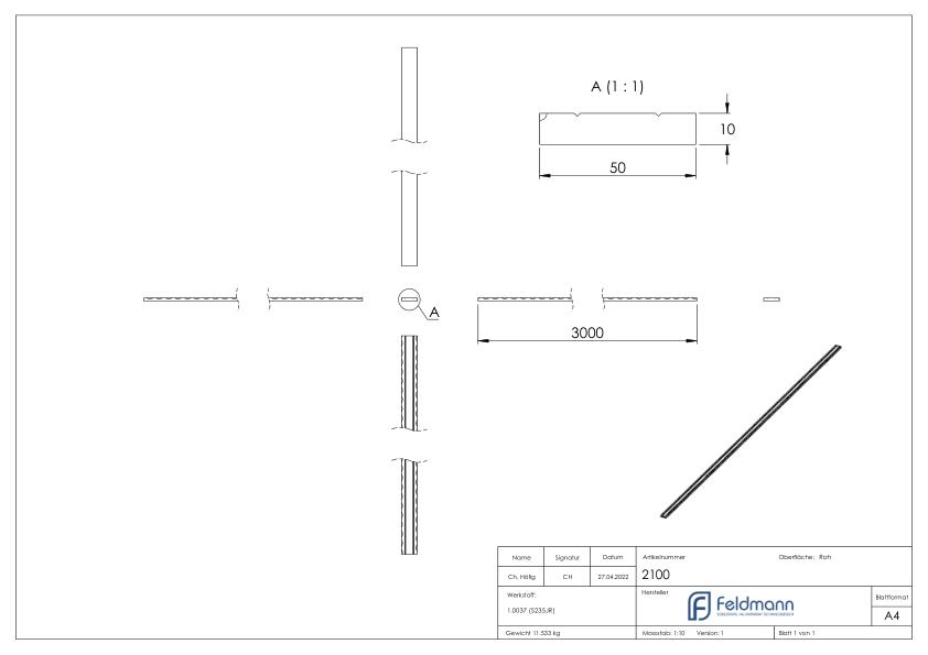 Flacheisen 50x10mm, 2x gerillt, L: 3000mm