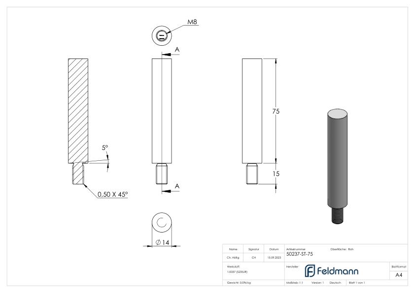 Stift 14mm, L: 75mm