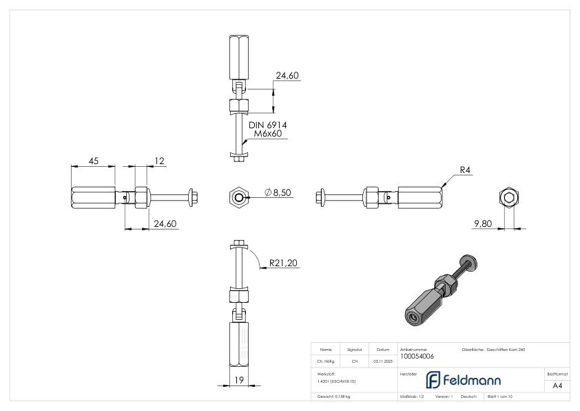 Gewindeterminal zur Selbstmontage, Seil 6mm, V2A