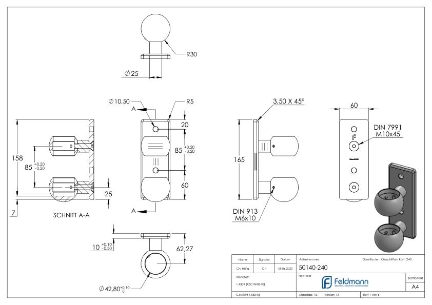Wandbefestigung für Geländerpfosten 42,4mm, V2A