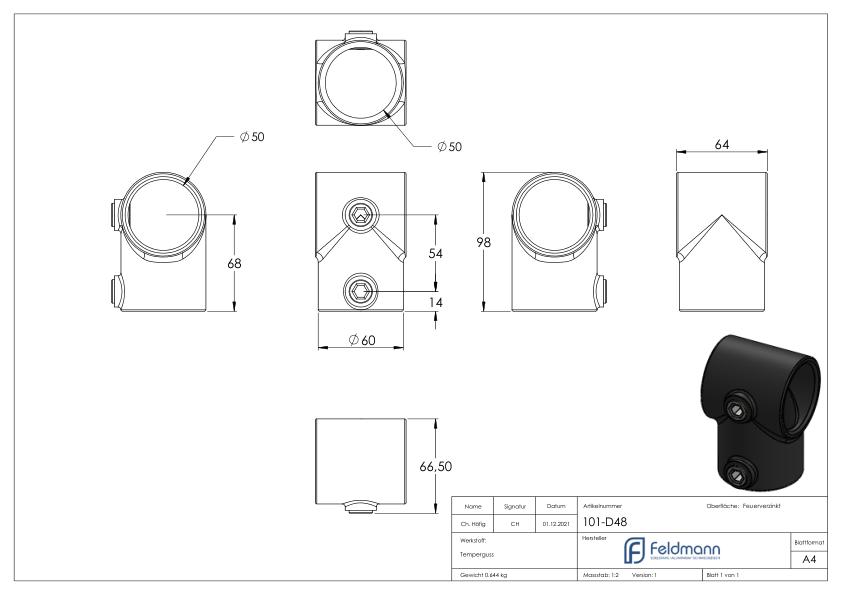 T-Stück kurz, für Rohr Ø 48,3mm