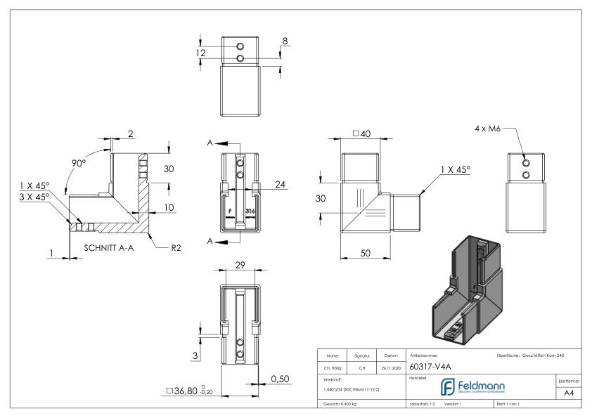 Eckbogen, vertikal, für Nutrohr 40 x 40mm, V4A