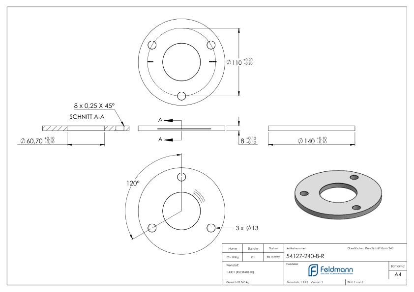 Ankerplatte Ø 140x8mm, mit Rundschliff, V2A