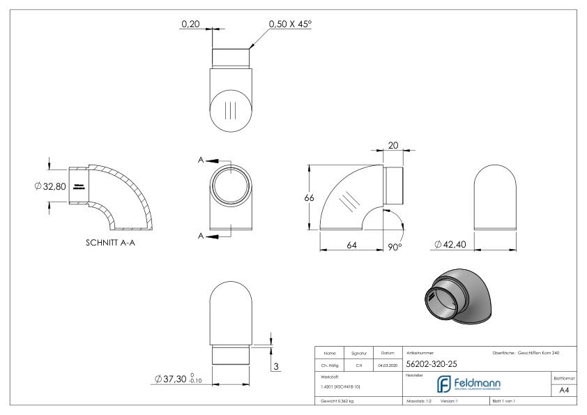 Endbogen 90° flach, für Rohr 42,4x2,5mm, V2A