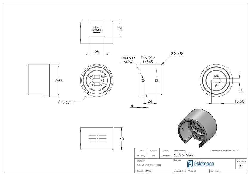 Wandbefestigung für Nutrohr 48,3mm, links, V4A