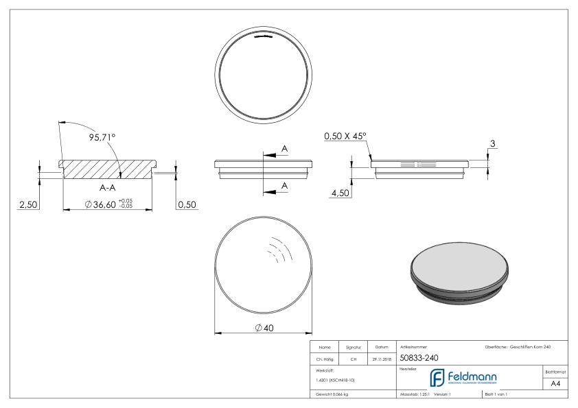 Rohrabschlussstopfen, für Rohr 40,0x2,0mm, V2A