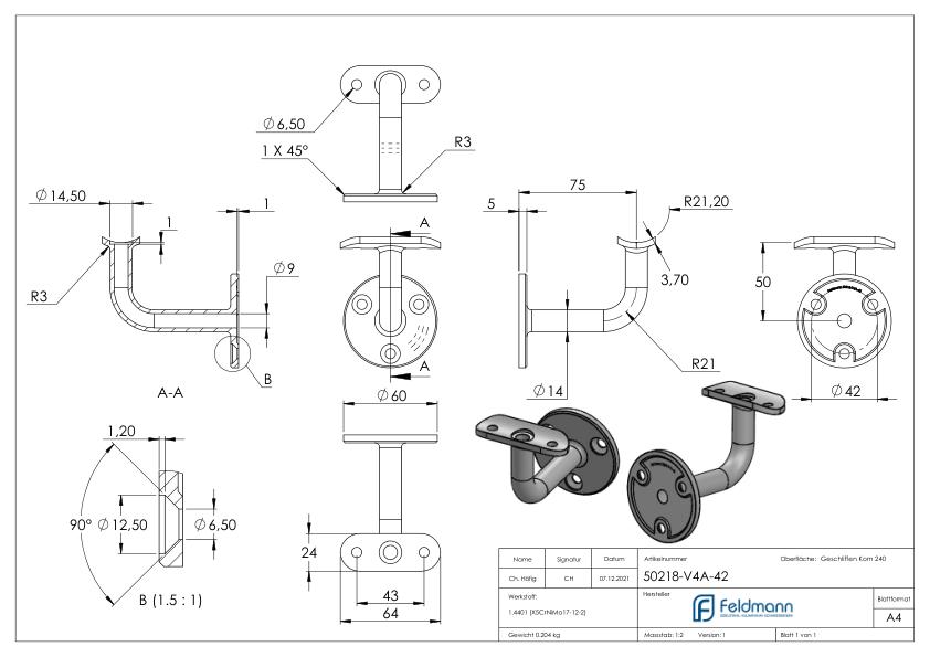 Handlaufhalter mit Kabeldurchführung für LED Handläufe, V4A