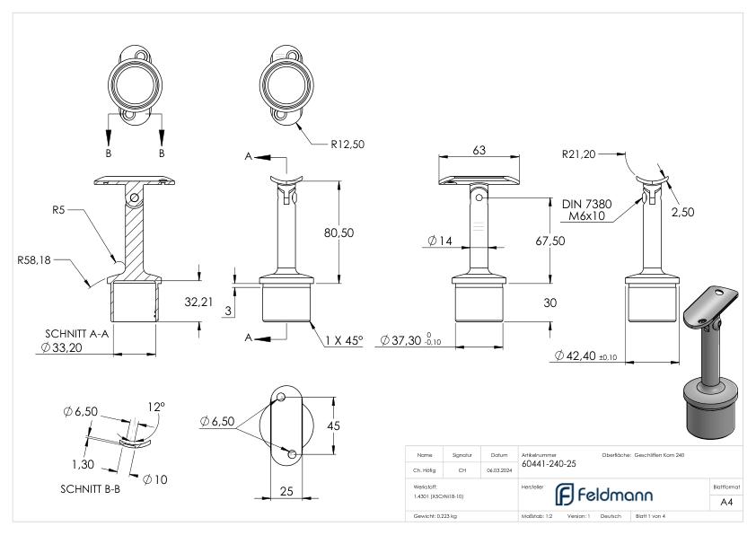 Rohrabschlussstopfen mit Gelenk und Platte, für 42,4x2,5mm, V2A