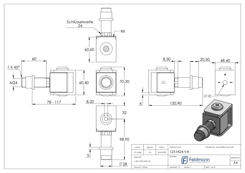 Verstellbares Torband mit Gewindehülse M24, V2A