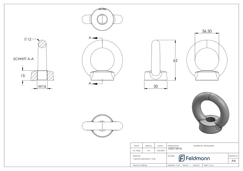 Ringmutter mit Innengewinde 16mm, V4A Ringmutter mit Innengewinde 16mm, V4A