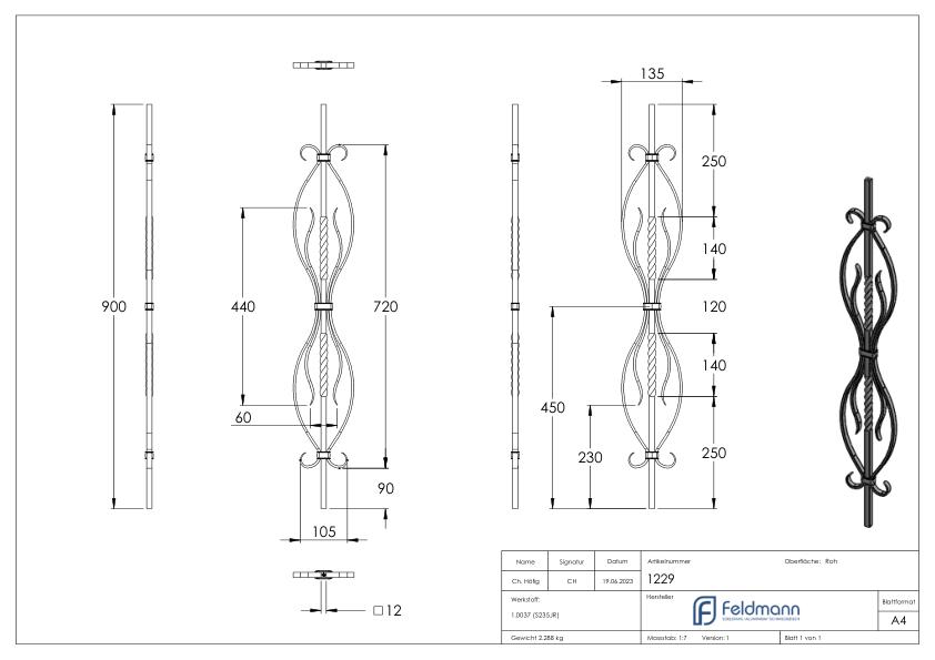 Zierstab 12x12mm, glatt, H: 900mm