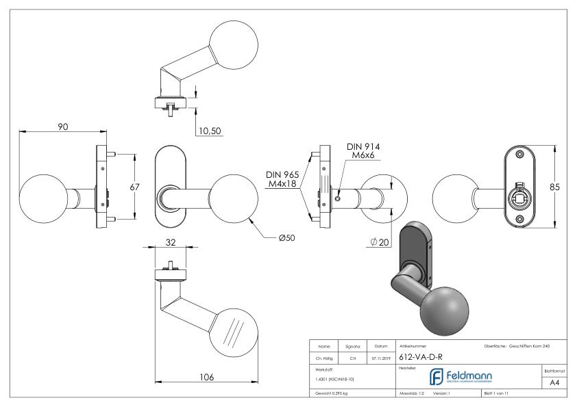 Drückerknopf, Ø 50mm, drehbar, V2A