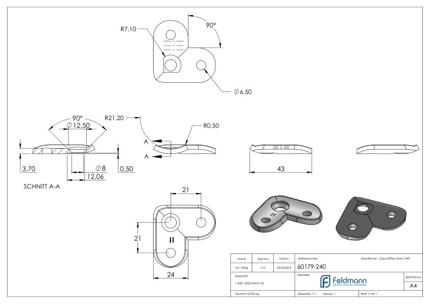 Handlaufanschlussplatte 90°, 42,4mm, V2A