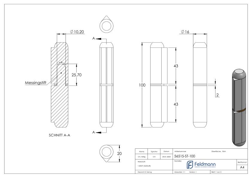 Anschweißband mit Messingring und -stift, Länge: 100mm