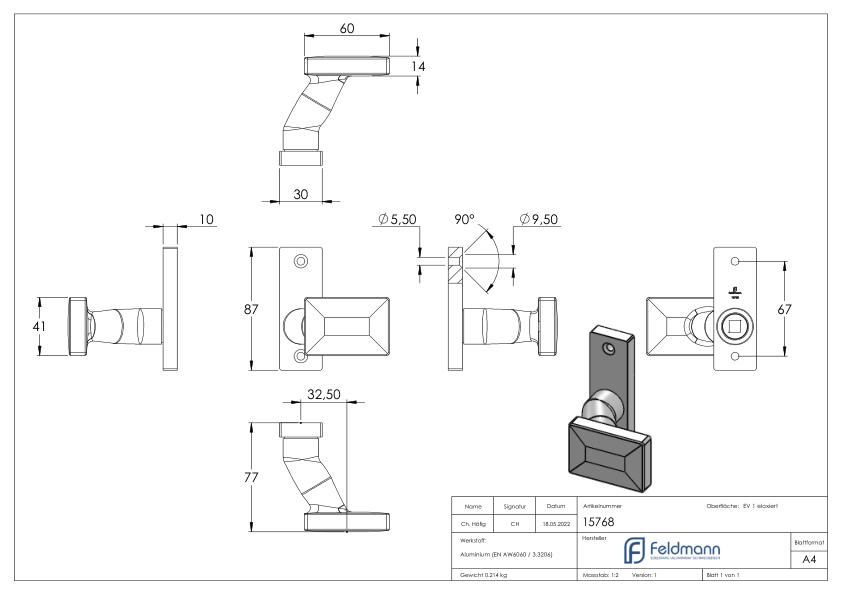 Türknopf, gekröpft, drehbar | 15768