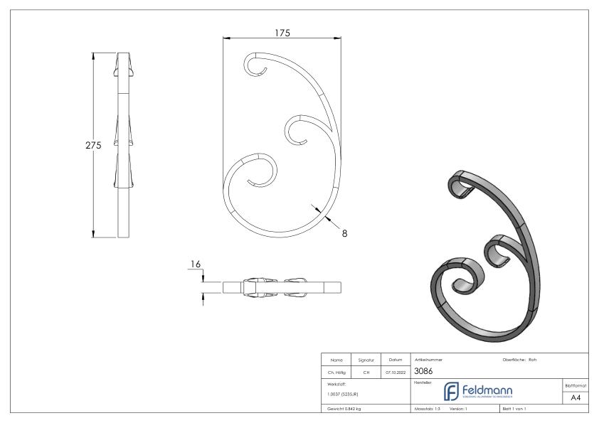 C-Schnecke 16x8mm, 275x180mm, einseitig