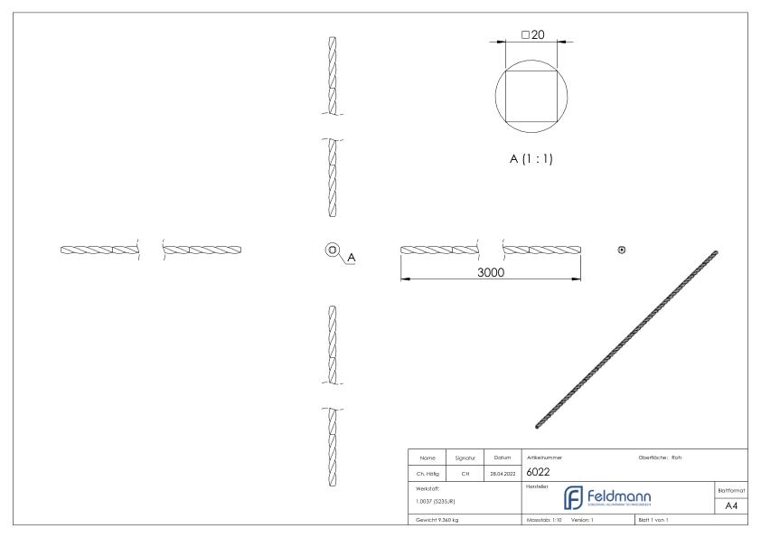 Vierkant 20x20mm, durchgehend gedreht, L: 3000mm