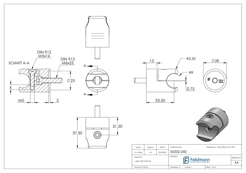 Halter für rundes Klemmprofil 18mm Anschluss: gerade, V2A