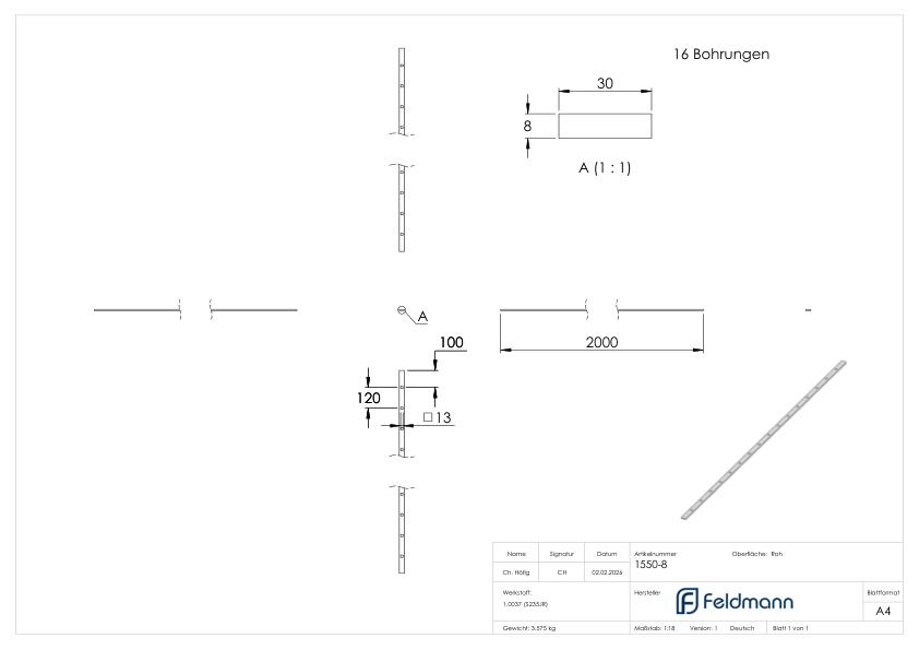 Lochleiste 30x8mm, Loch für 12x12mm, Lochabstand 120mm, 2m