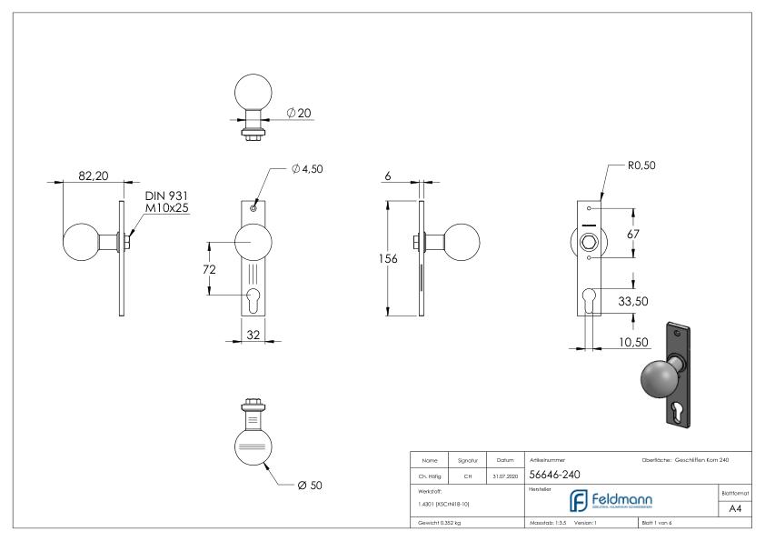 Türknopf, Ø 50mm, mit Langschild, V2A | 56646-240