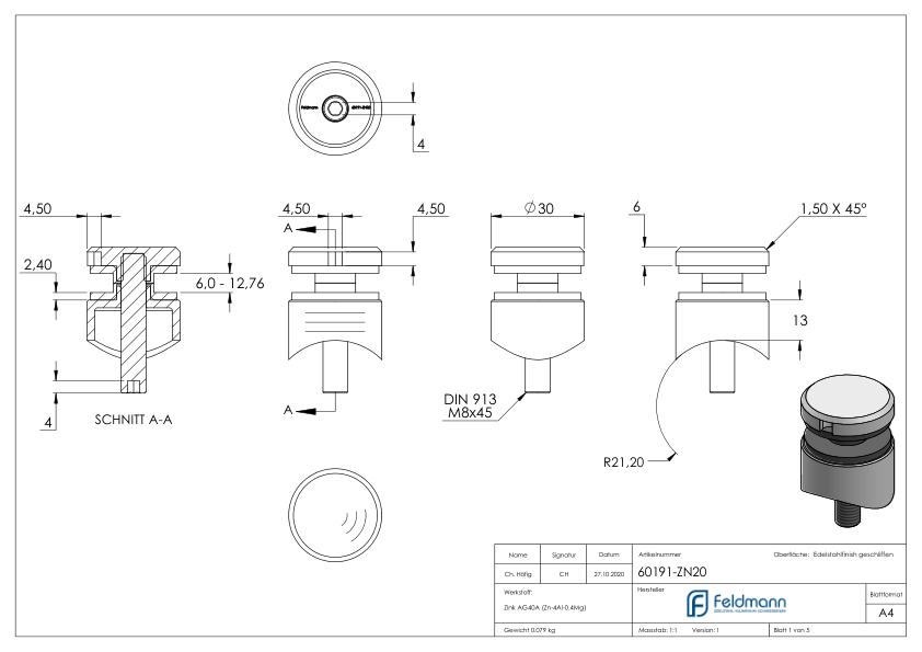 Glaspunkthalter 30mm, Anschluss: 42,4mm, VA-Effekt Glaspunkthalter 30mm, Anschluss: 42,4mm, VA-Effekt