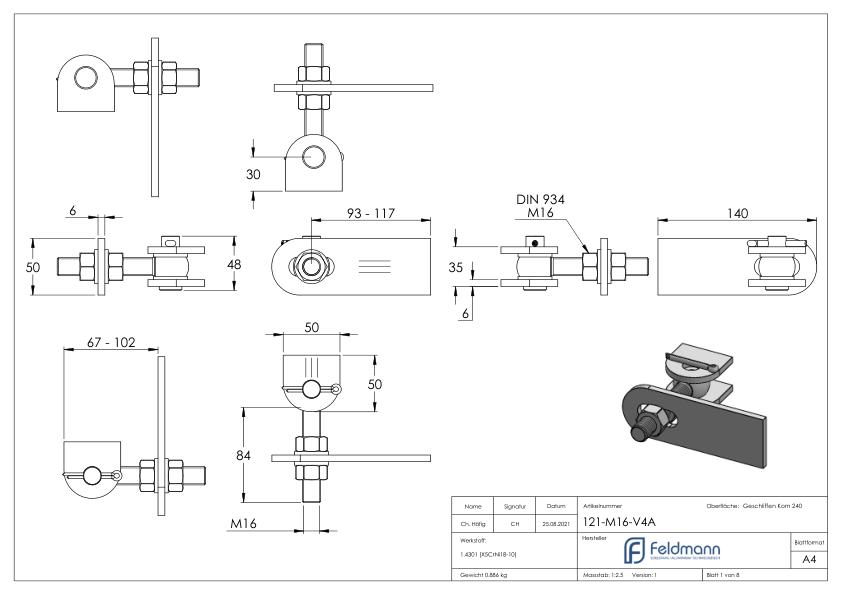 Torband 180° verstellbar, Gewinde M16, V4A Torband 180° verstellbar, Gewinde M16, V4A