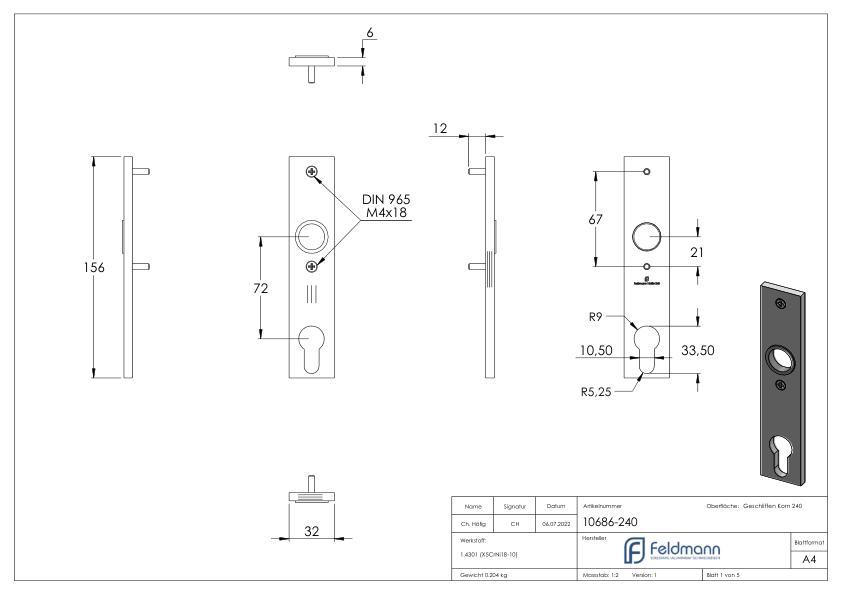 Langschild, Abmessung: 32x156x6mm, V2A