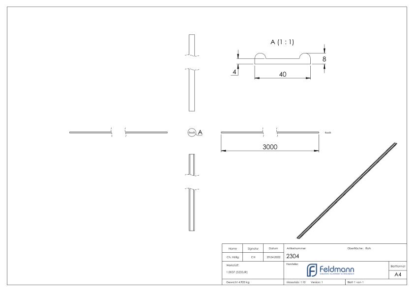 Hespeneisen S235JR, 40x8x4mm, L: 3000mm