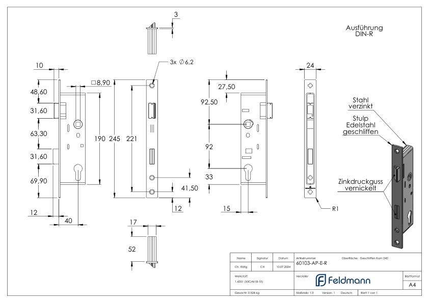Rohrrahmenschloss verzinkt mit Dornmaß 40mm, mit Anti-Panikfunktion E, DIN rechts Rohrrahmenschloss verzinkt mit Dornmaß 40mm, mit Anti-Panikfunktion E, DIN rechts
