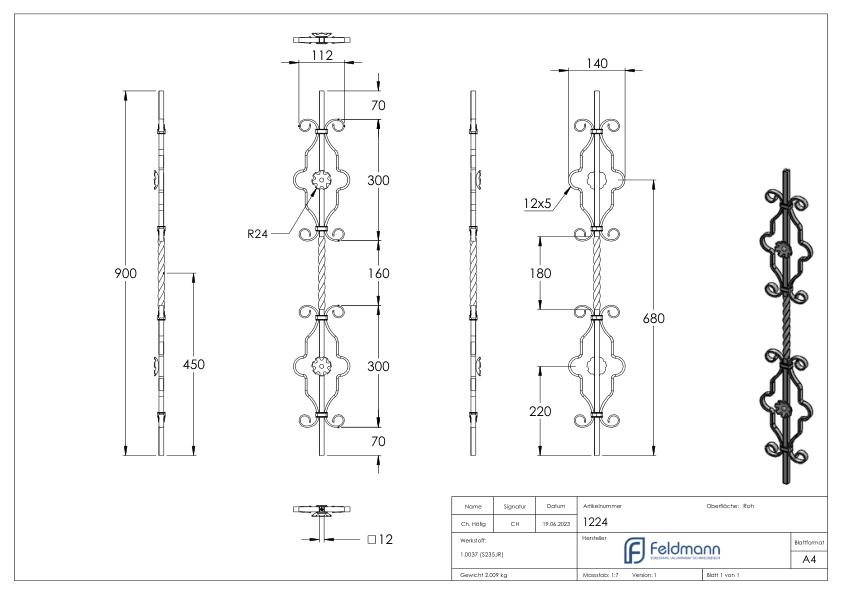 Zierstab 12x12mm, glatt, H: 900mm
