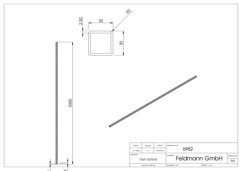Quadratrohr 30x30x2,5mm, L: 3000mm, gehämmert