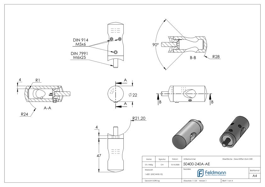 Querstabhalter für 42,4mm Rohr, 12,2mm Bohrung, Außenecke, V2A