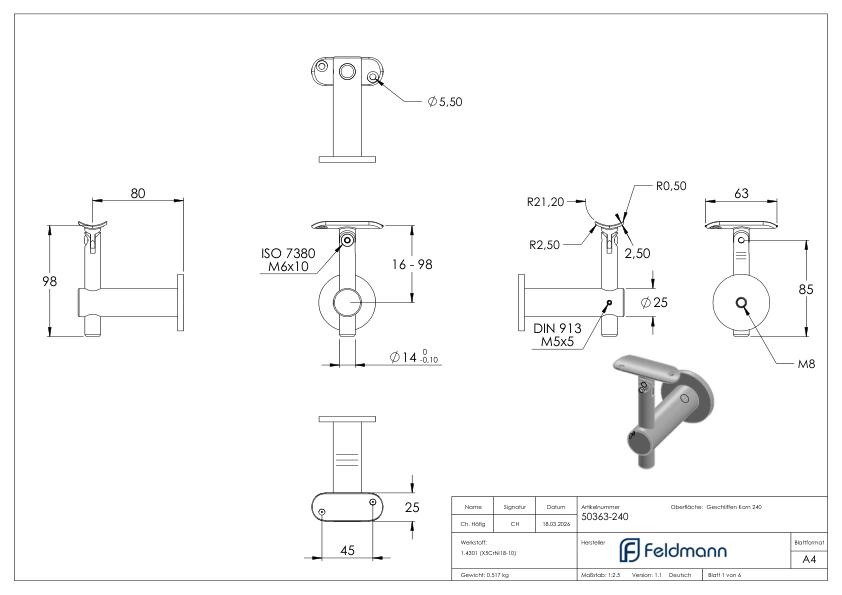 Handlaufhalter mit Gelenk, Handlaufanschlussplatte 42,4mm, V2A